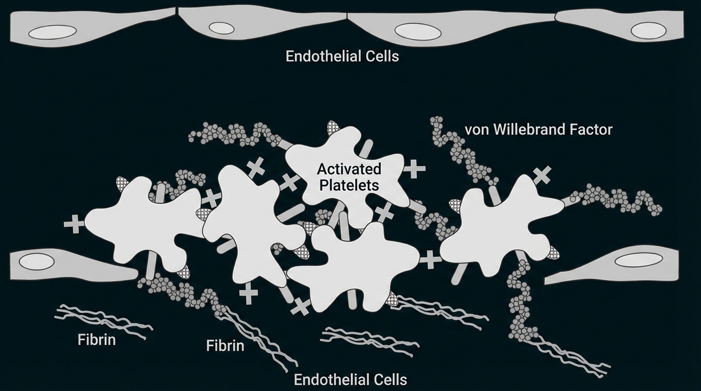 Schematische Darstellung von Blutplättchen und Fibrinfäden bei der Blutgerinnung.